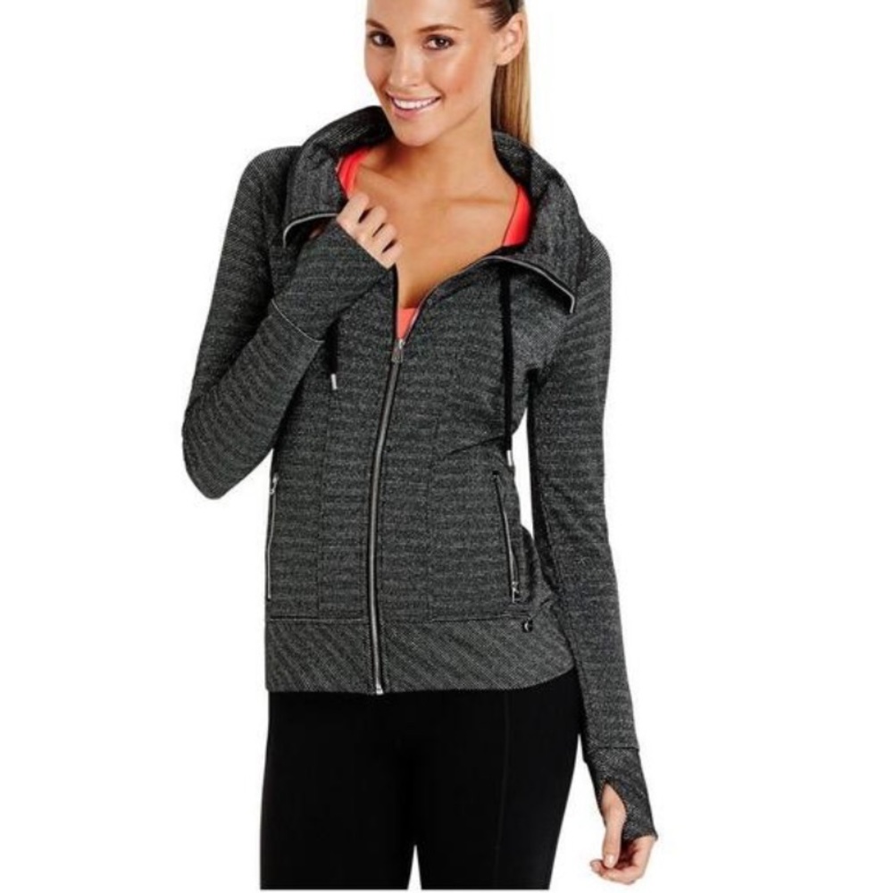 Lorna Jane Charcoal Heather Zip Hoodie with Coral Accent
